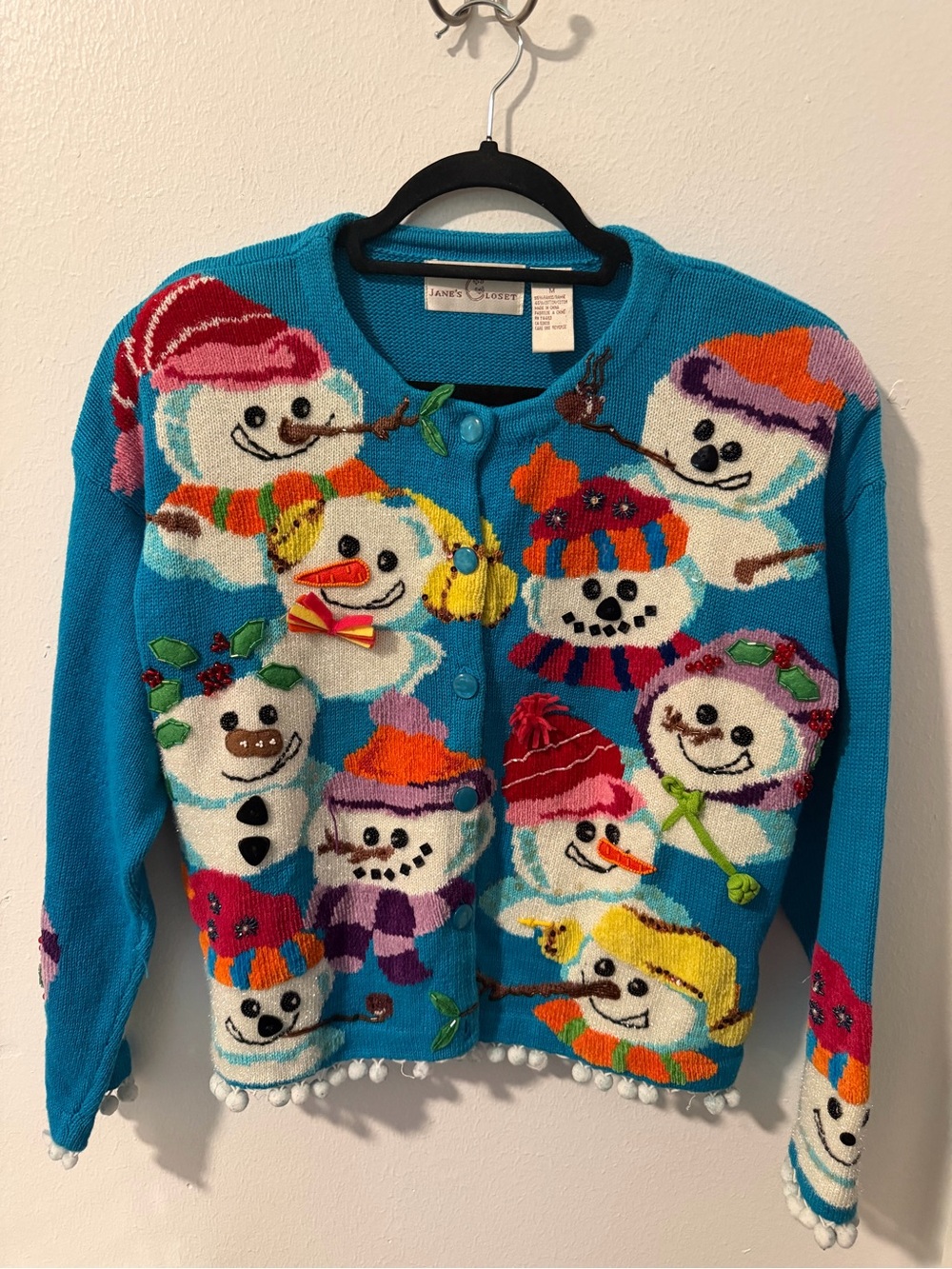 Vintage Jane’s Closet Snowman Christmas Hand Knit Sweater Cardigan Beaded Sz M